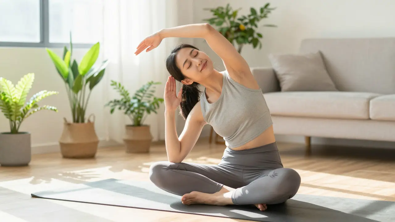 Woman doing a seated spinal twist stretch in a sunny living room
