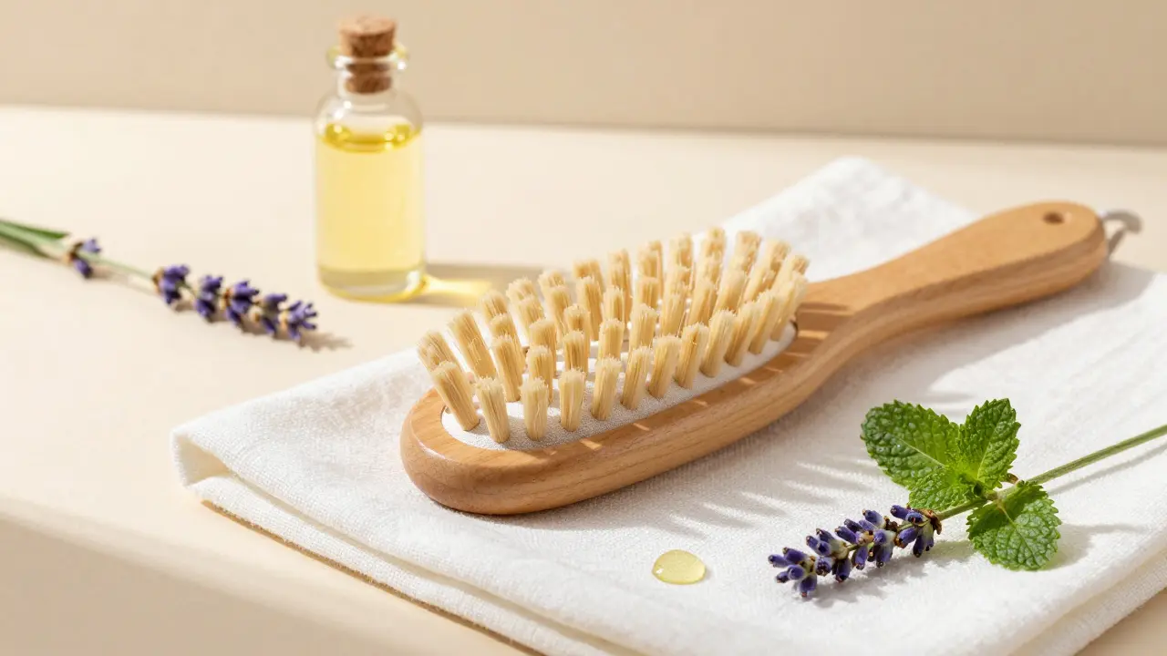 Wooden scalp massager with oils and herbs on linen