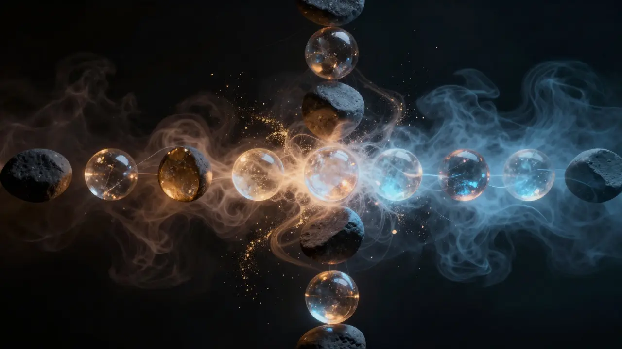 Abstract art showing hot stones, cold crystals, and flowing golden energy particles.