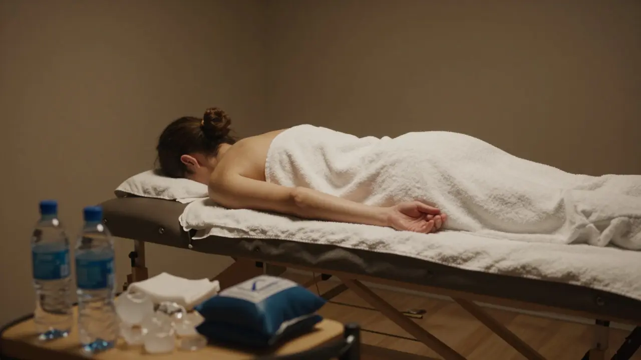 Athlete relaxing on massage table in a calm recovery room