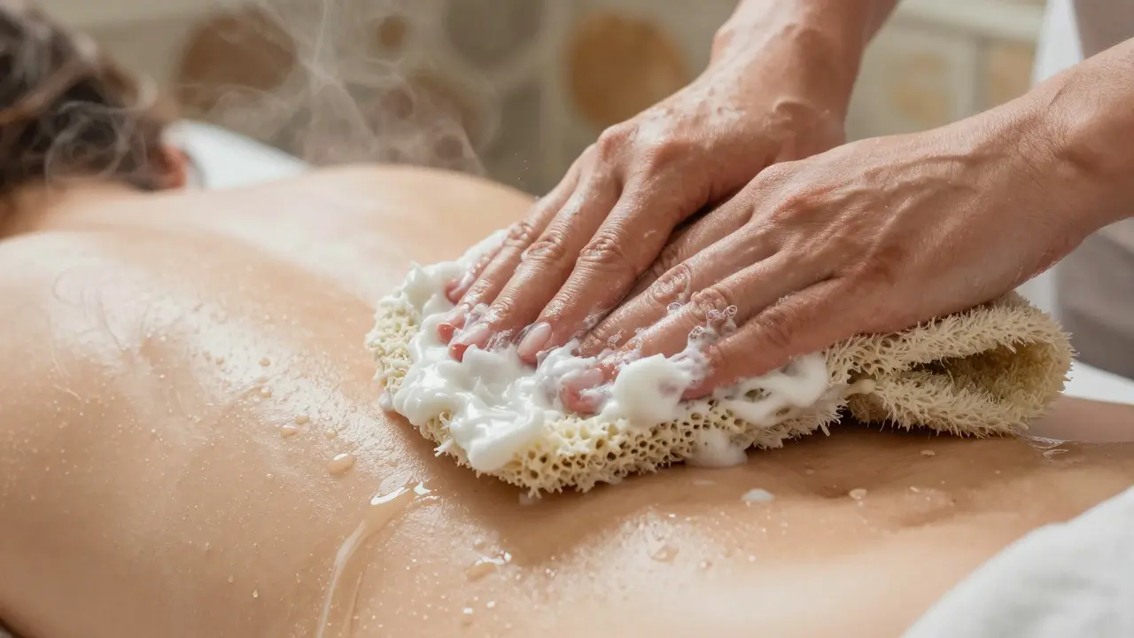 Close-up of hands using a soapy exfoliating mitt to scrub skin on a marble slab in a hammam.