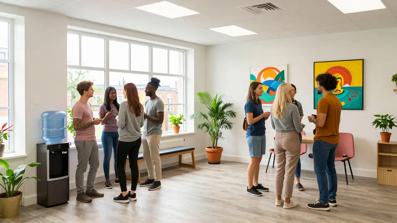 Diverse group socializing in a bright, welcoming community wellness center.