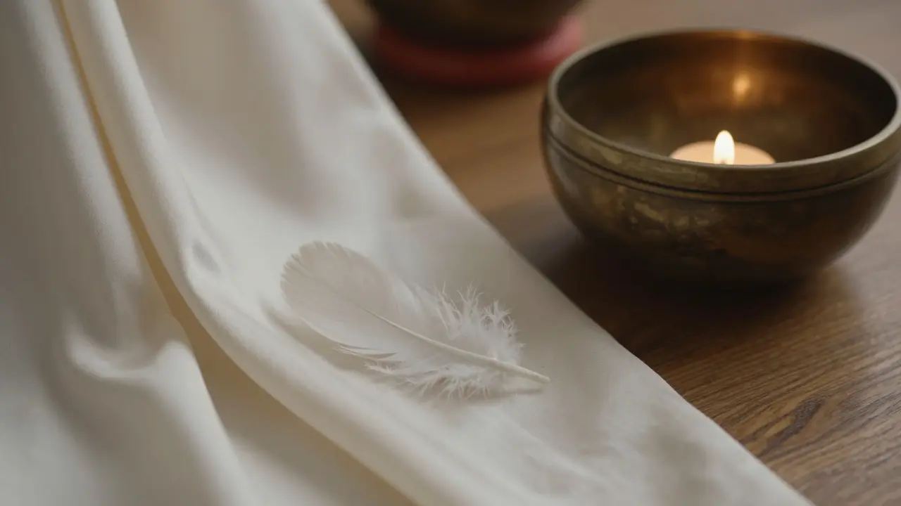 Feather, silk scarf, and bronze singing bowl in dim, atmospheric lighting.