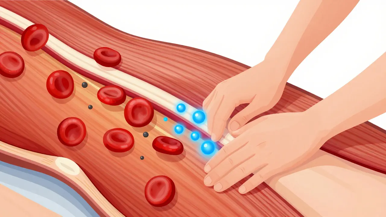 Illustration of muscle tissue healing via massage and blood flow