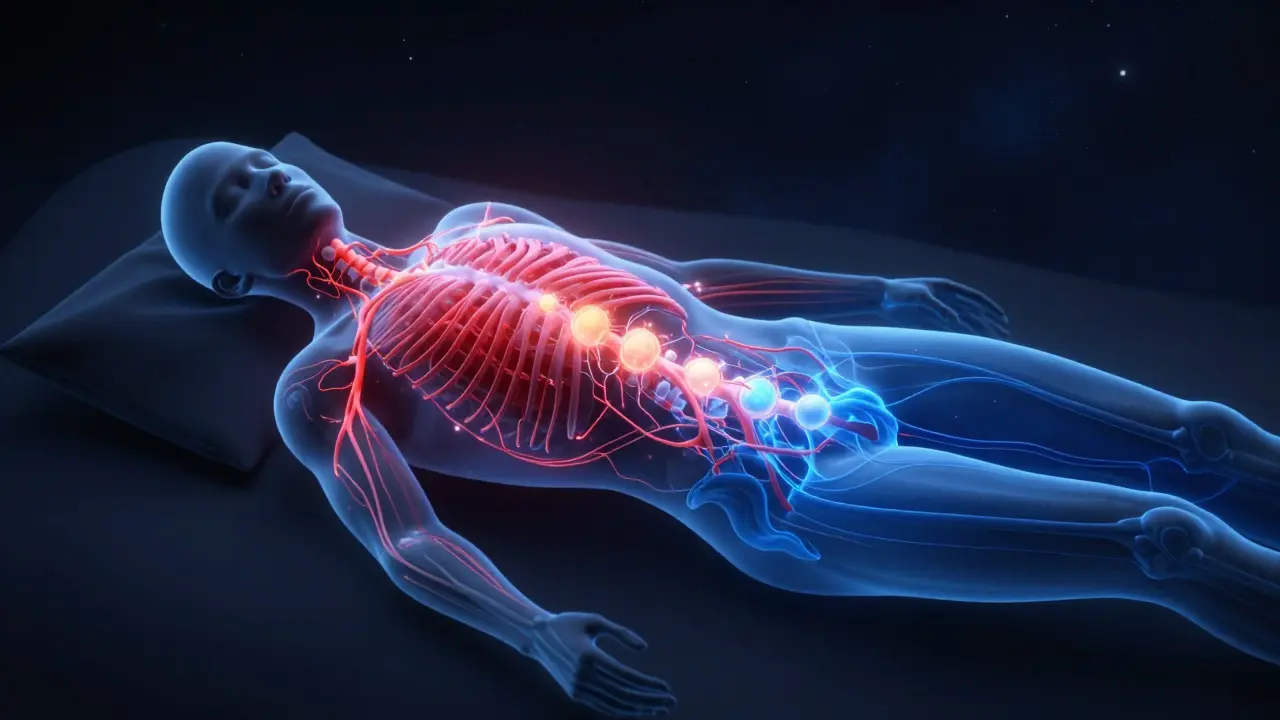 Illustration showing nervous system shifting from stress to relaxation via energy flow