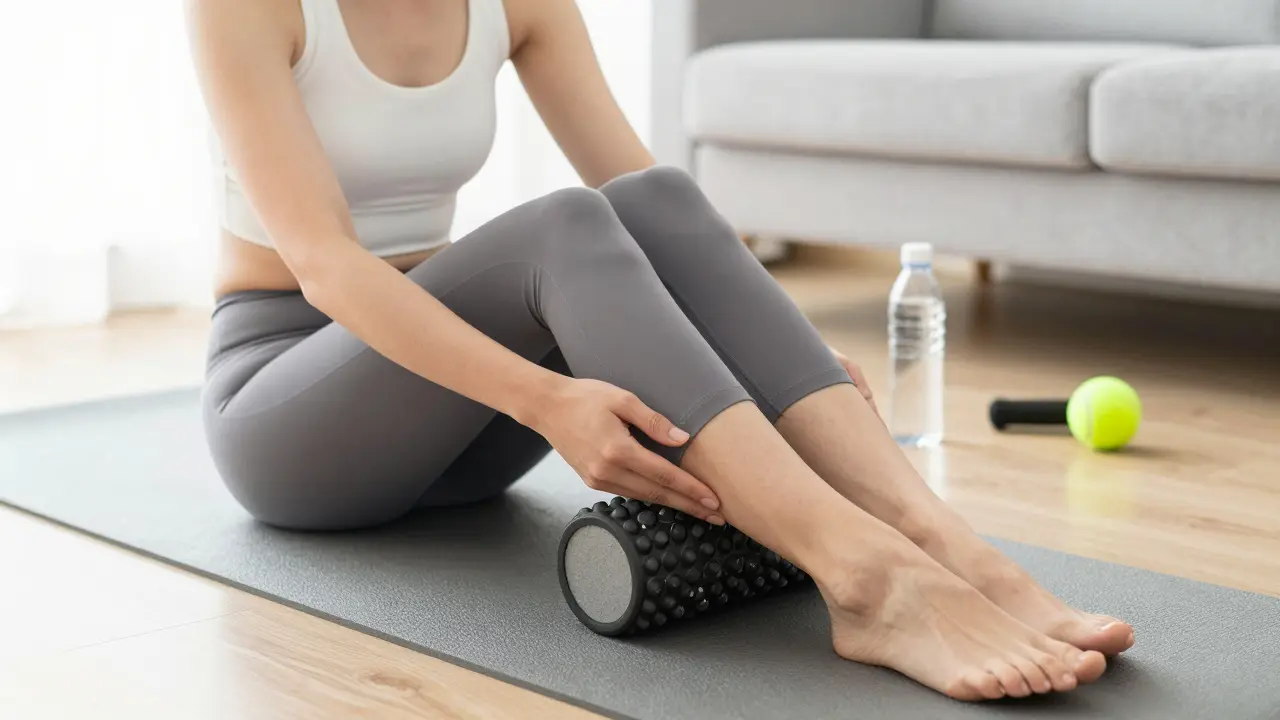 Person using foam roller on calf for self-massage at home