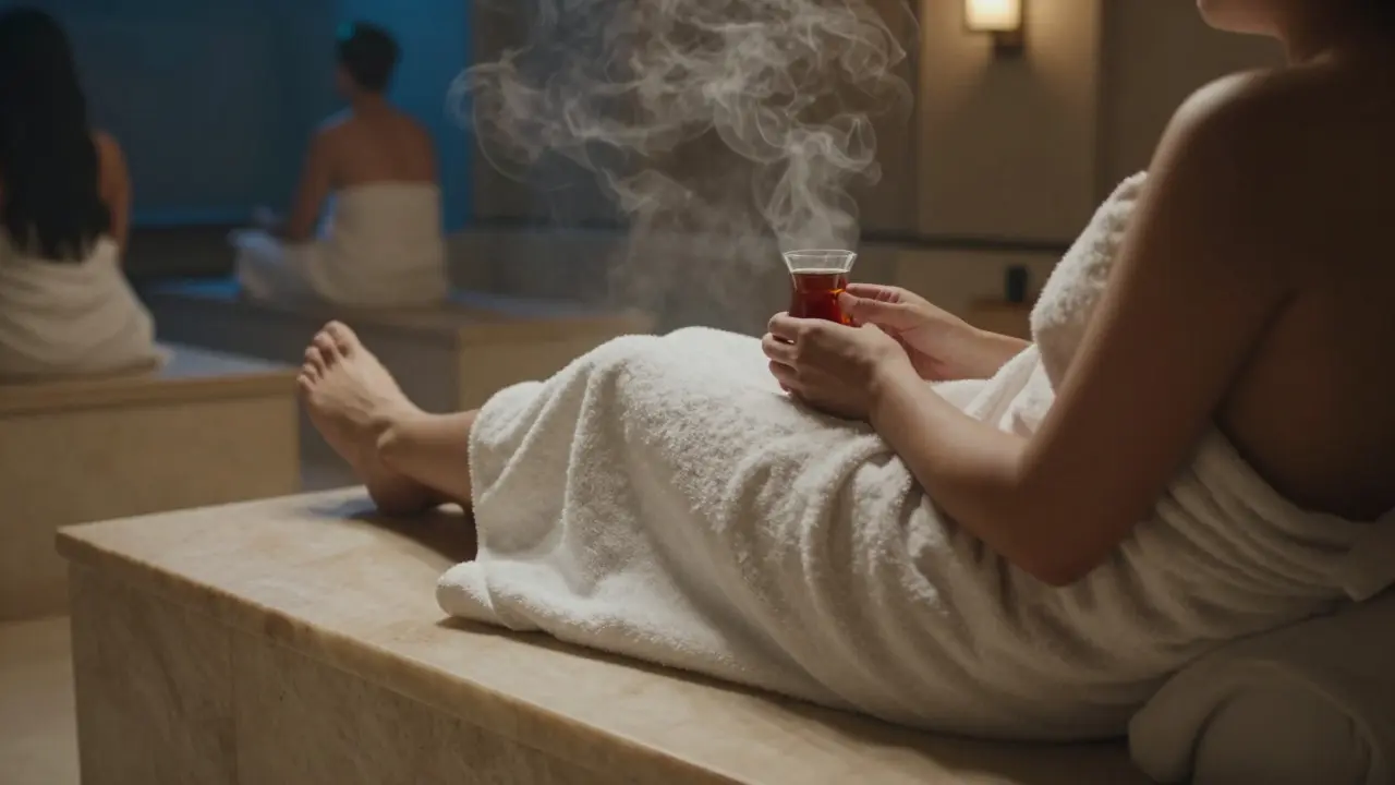 Person wrapped in a towel drinking tea while relaxing on a marble bench in a steamy hammam.