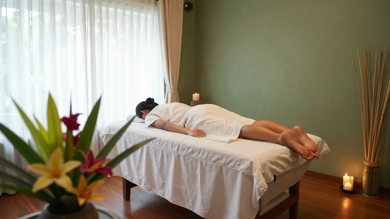 Serene spa room with massage table and tropical decor