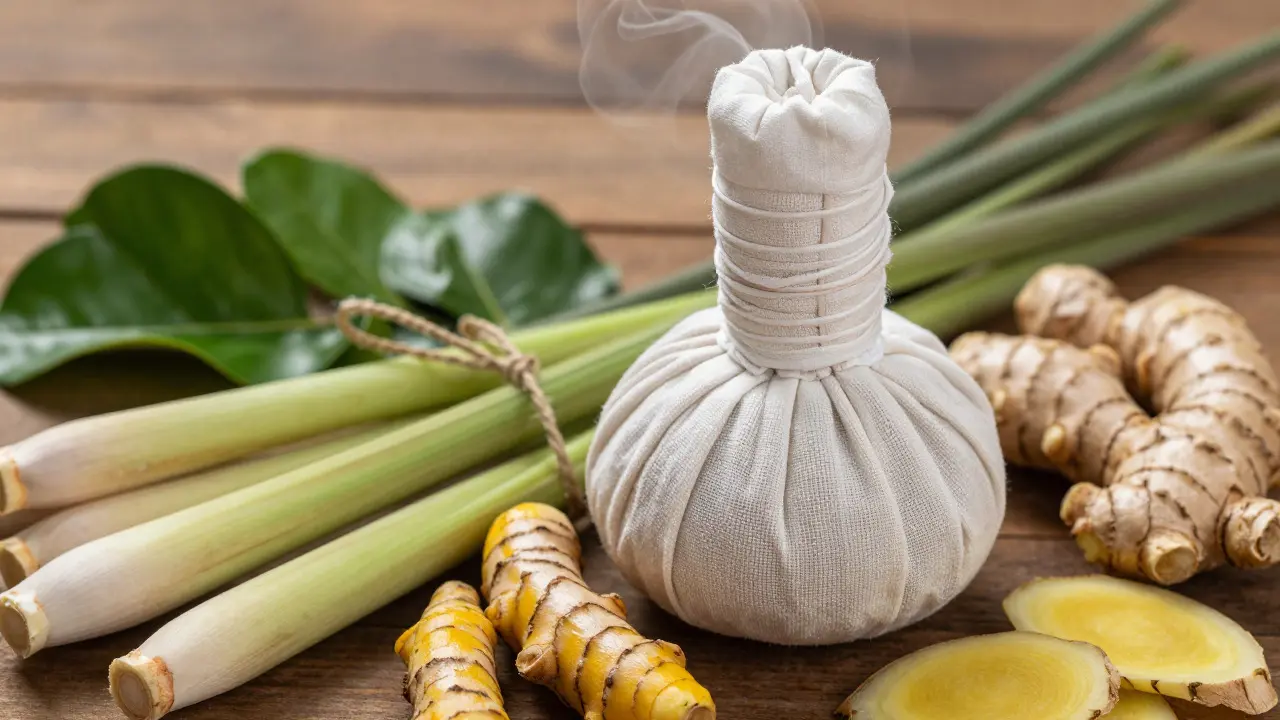 Steaming herbal compress bundle with turmeric, lemongrass, and ginger.