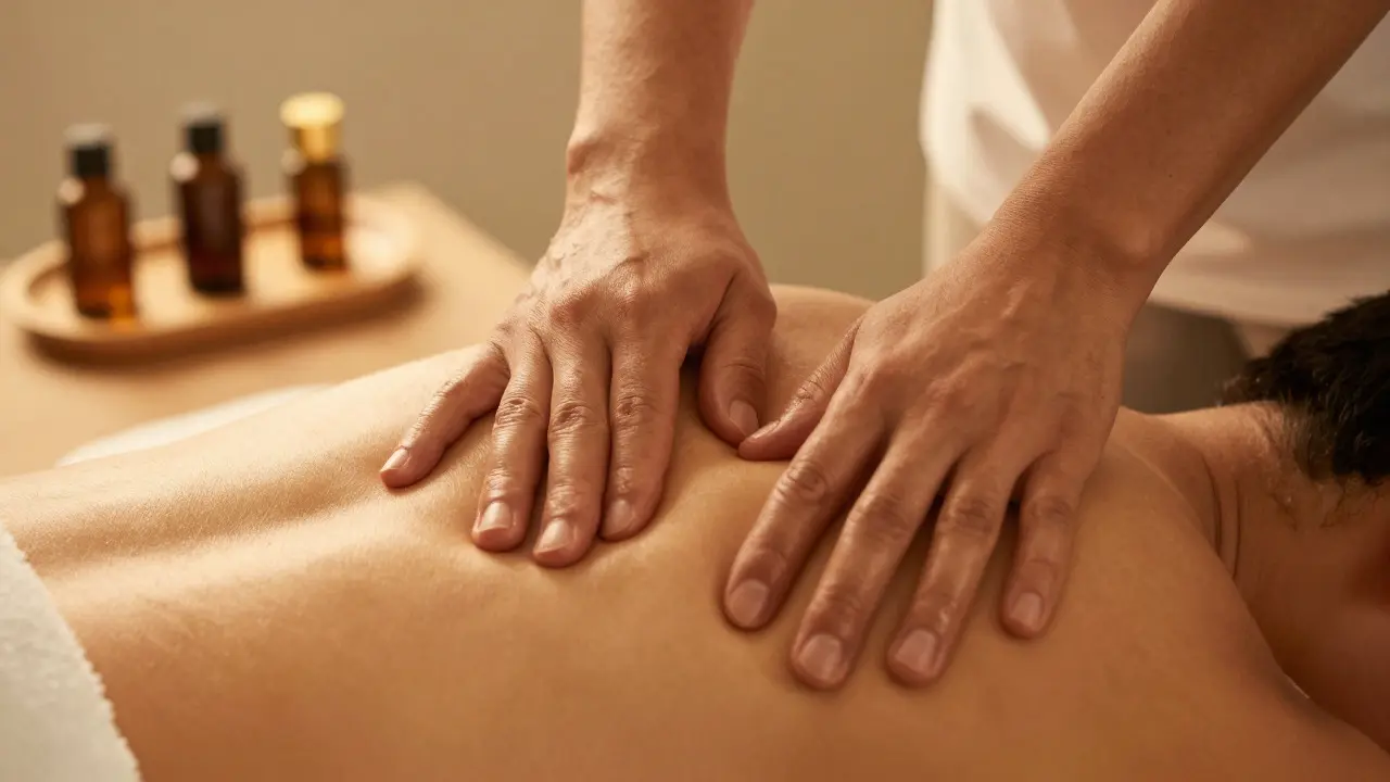 Therapist's hands gently massaging a client's shoulder with essential oils.