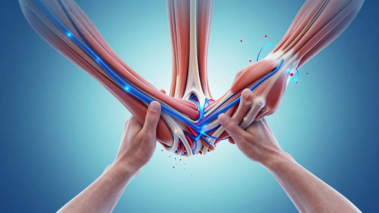 Abstract illustration of blood flow restoring a stretched muscle knot