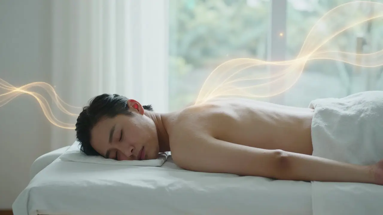 Athlete relaxing on massage table with calming light effects