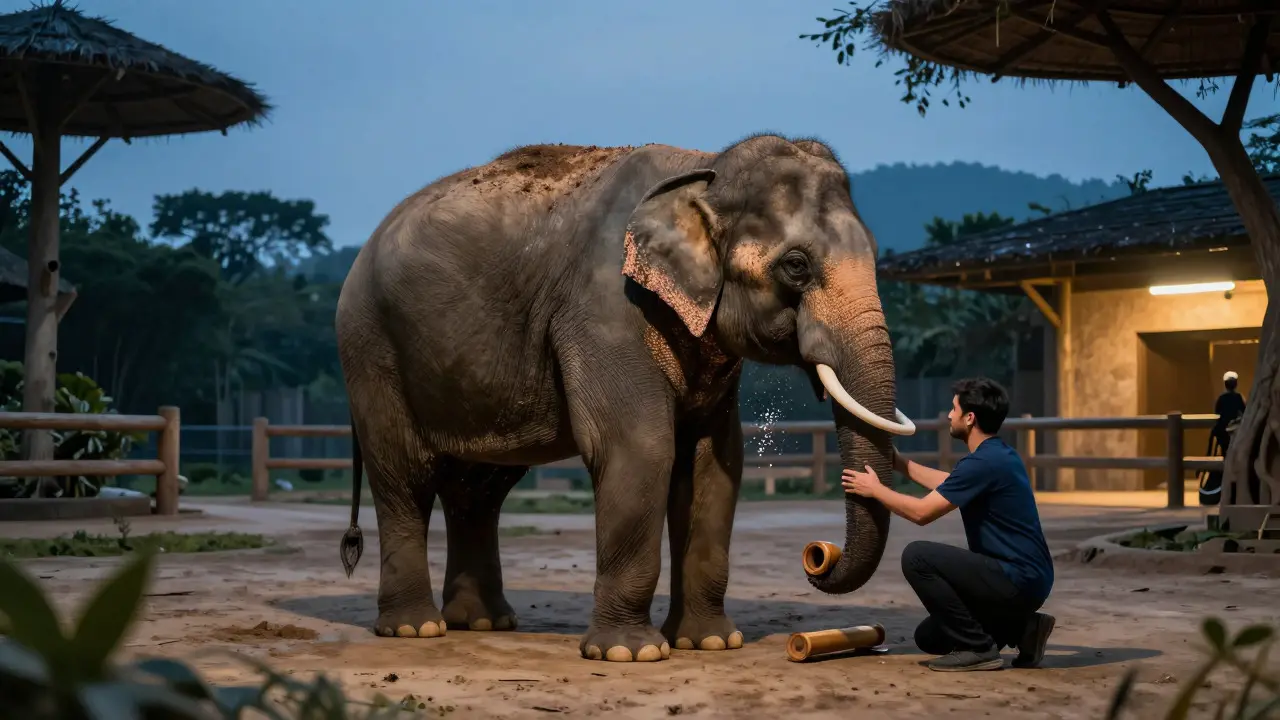 Elephant receiving leg massage therapy in a zoo enclosure