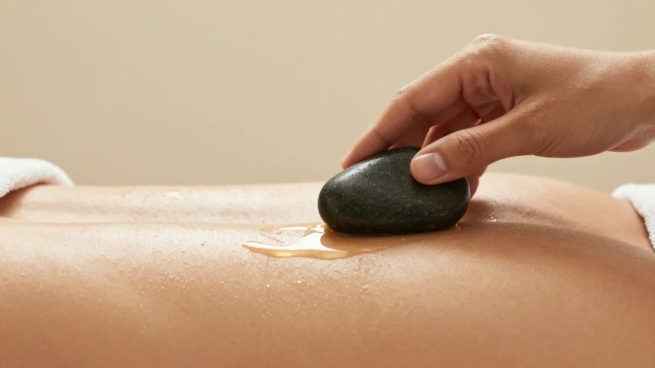 Hand gliding a hot stone over oiled skin during a massage session
