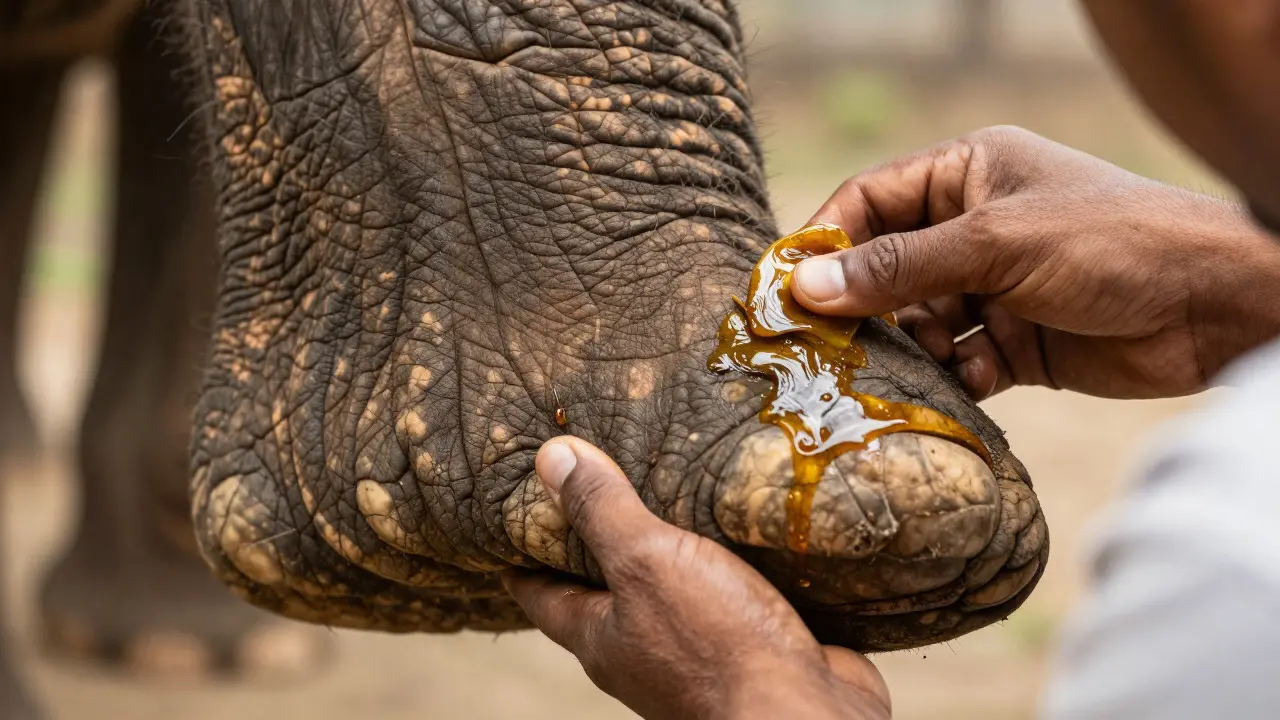 Handler applying oil to an elephant's foot pad close-up
