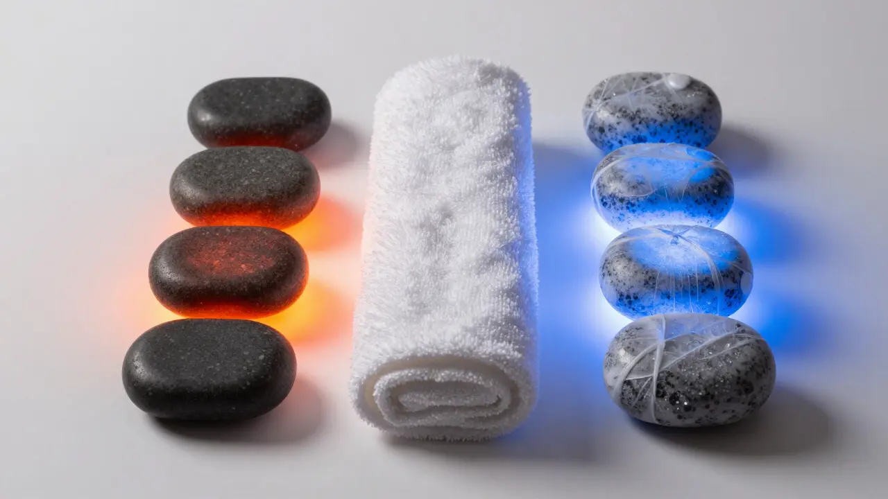 Hot and cold stones arranged to show contrast therapy in a spa setting