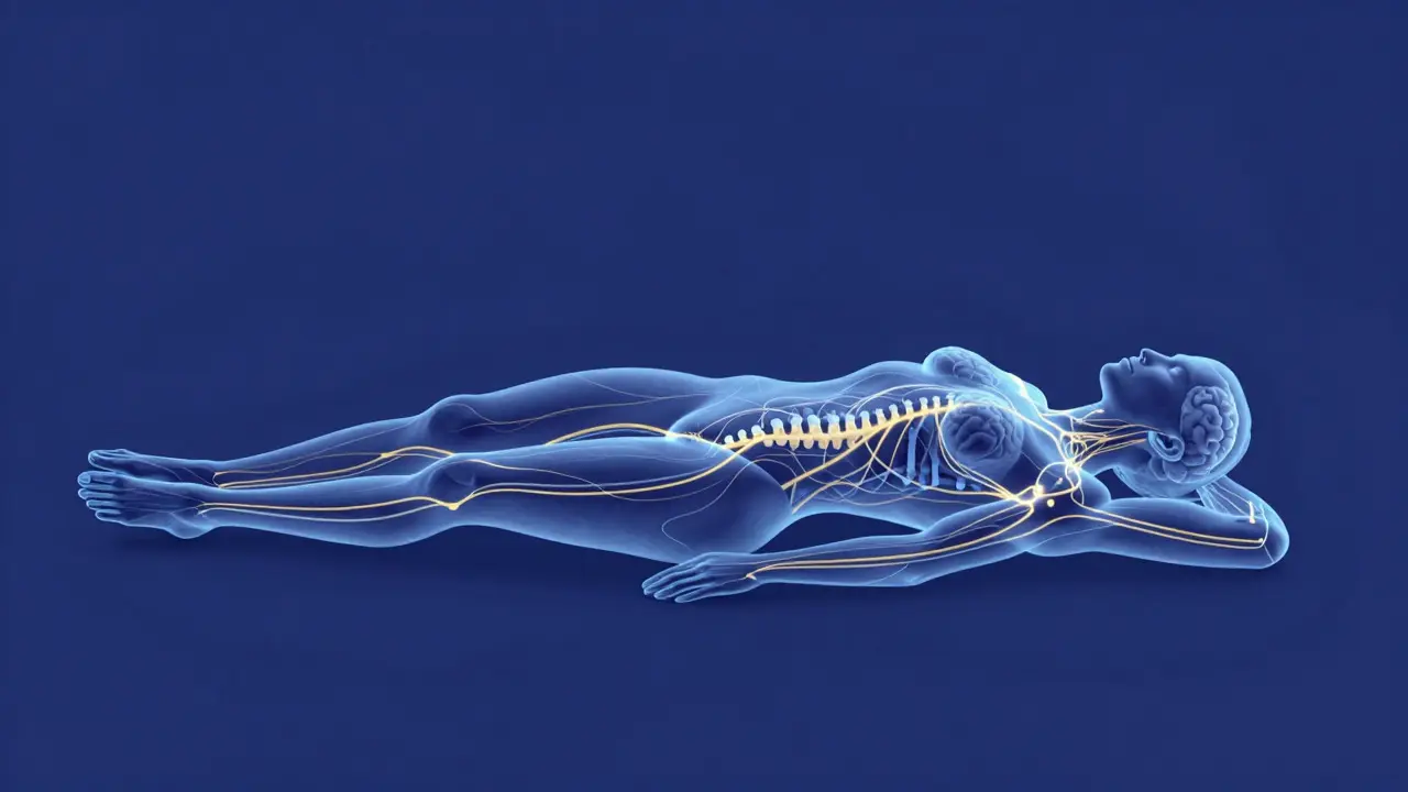 Illustration of glowing neural pathways connecting body parts in silhouette