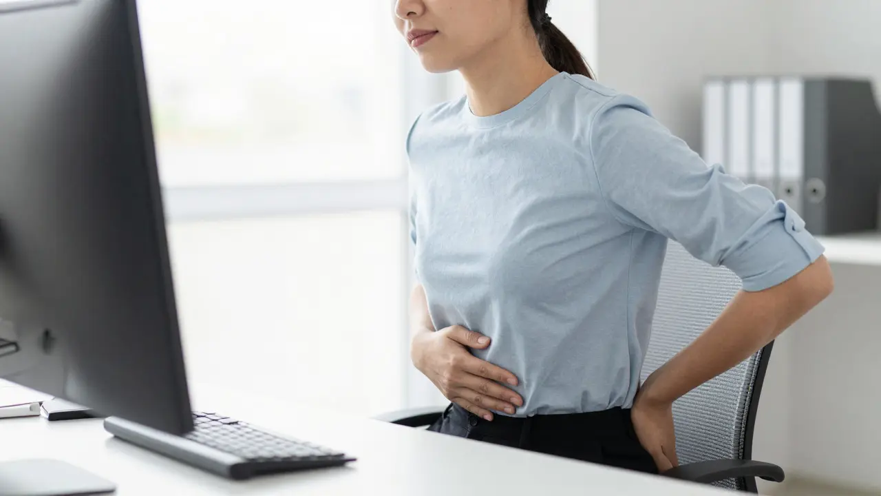 Office worker adjusting posture and relaxing shoulders at desk