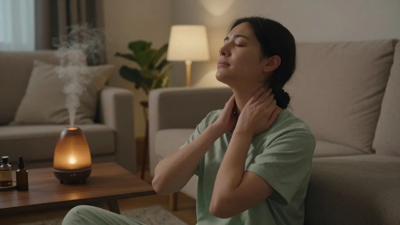 Person applying essential oil to their neck in a cozy, dimly lit home environment