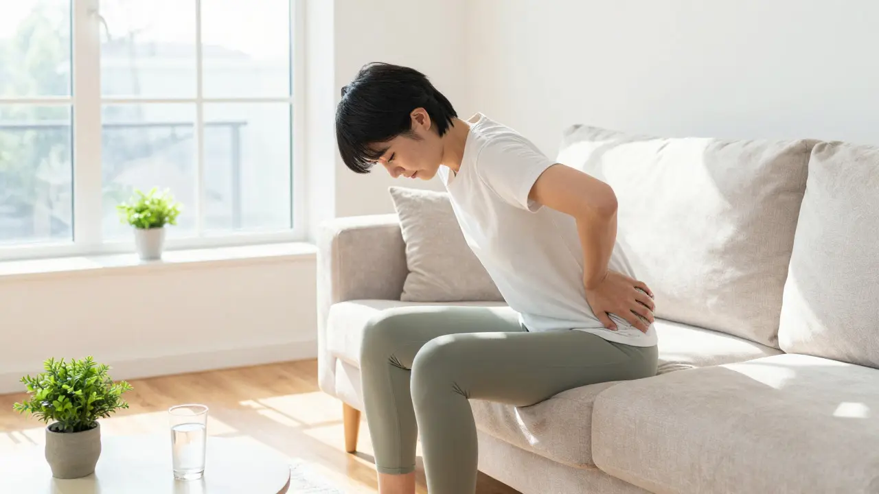 Person using a lacrosse ball for self-massage in a sunny living room