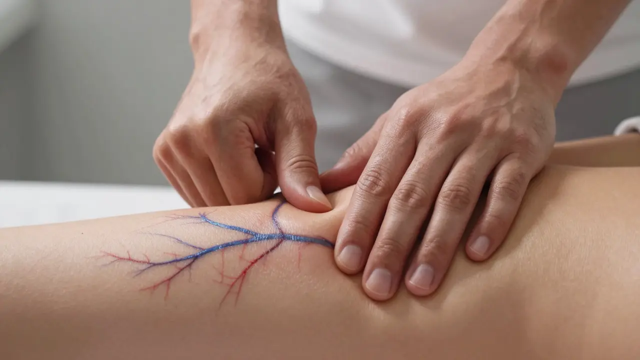 Therapist applying deep tissue massage to a hamstring