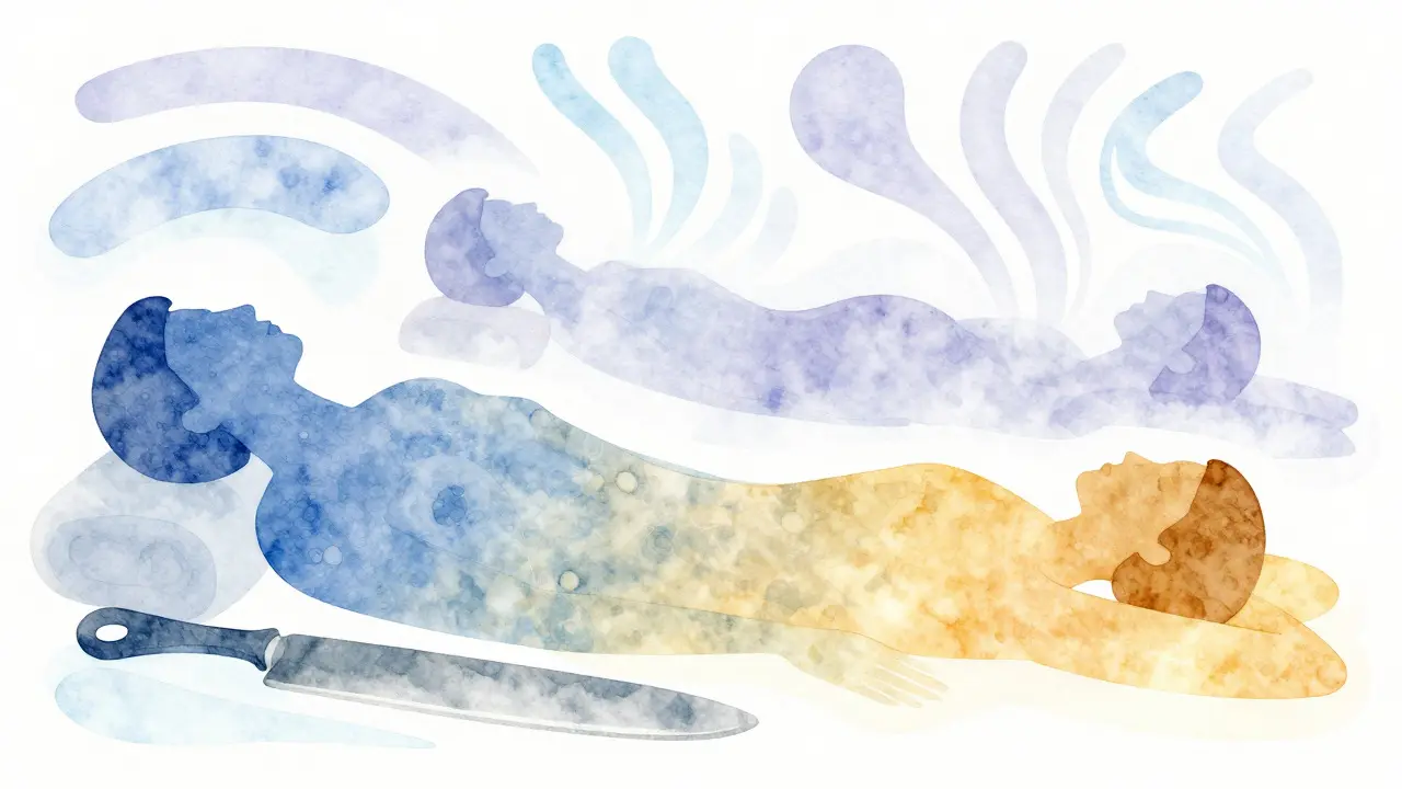 Watercolor illustration of relaxed figures with cool and warm color gradients